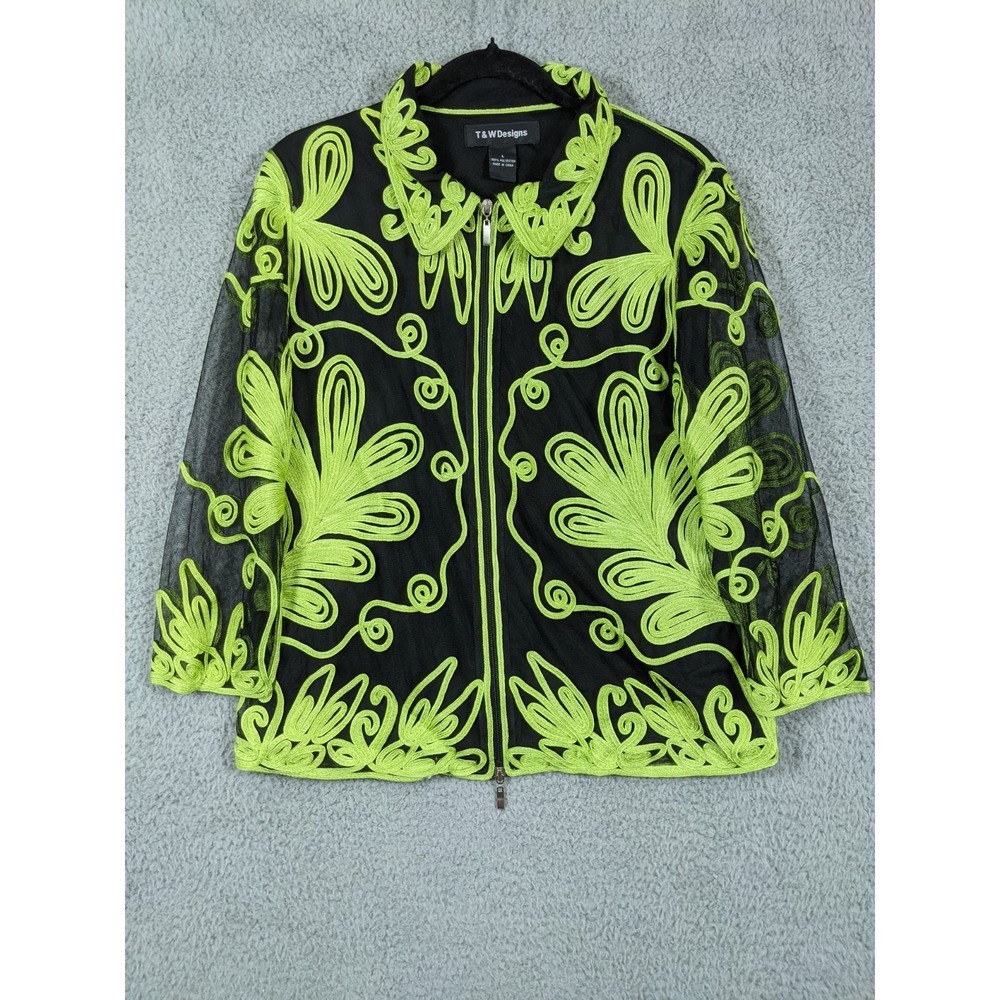 T & W Designs Mesh Jacket Womens L Black Green Ribbon Embroidery Zip-Up Artsy
